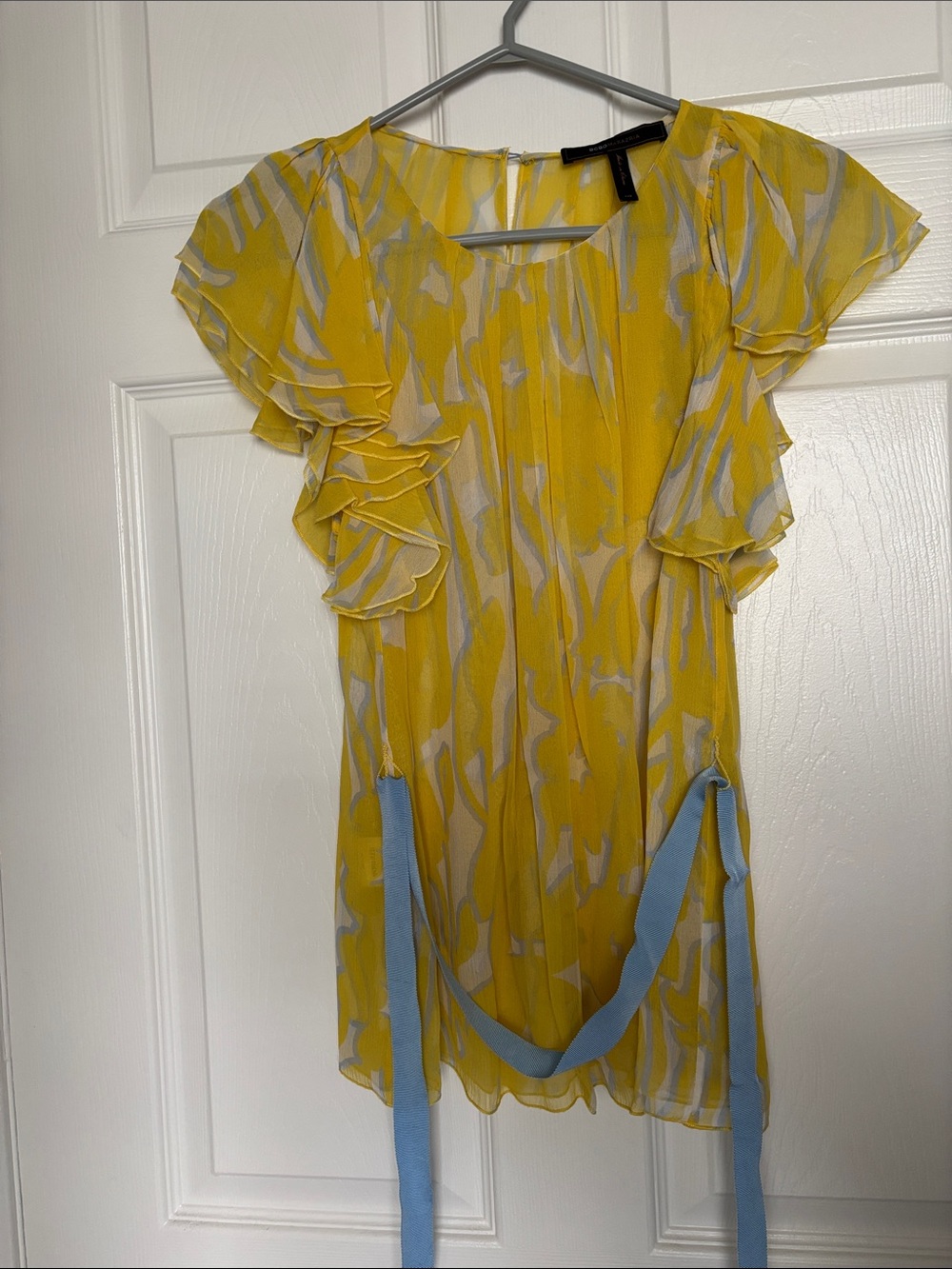 BCBGMaxAzria Yellow Patterned Ruffle-Sleeve Blouse with Light Blue Tie
